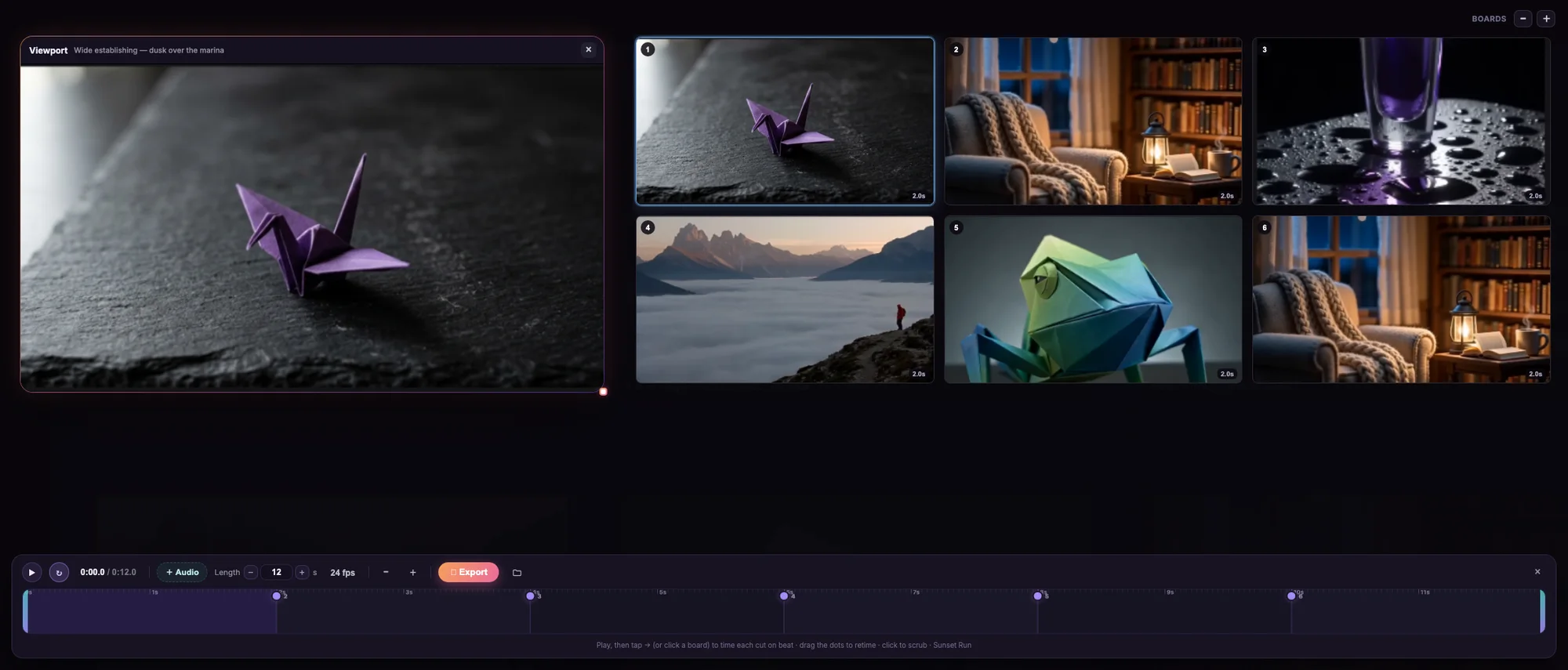 The animatic: viewport, shot grid, and a timeline you retime by dragging cut points