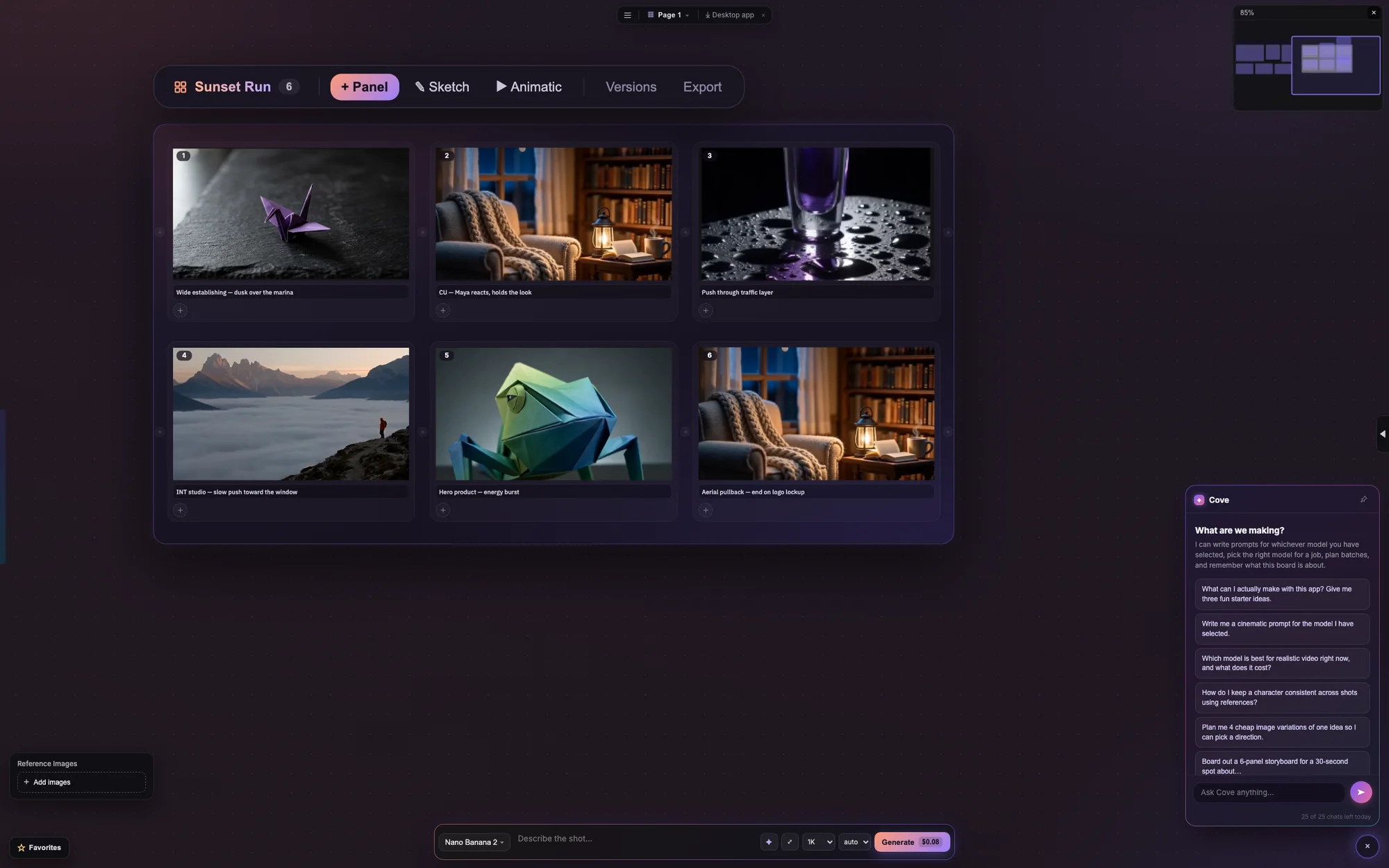 Cove beside a finished storyboard, ready to write prompts, pick models, and plan batches