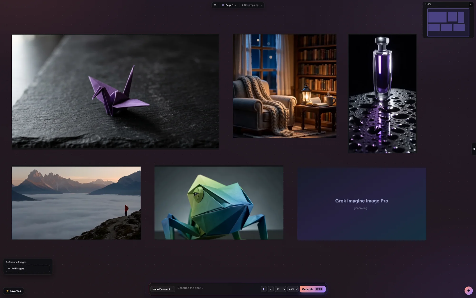 The Coveboard canvas: a moodboard of generated images with a new Grok Imagine Pro shot generating in place
