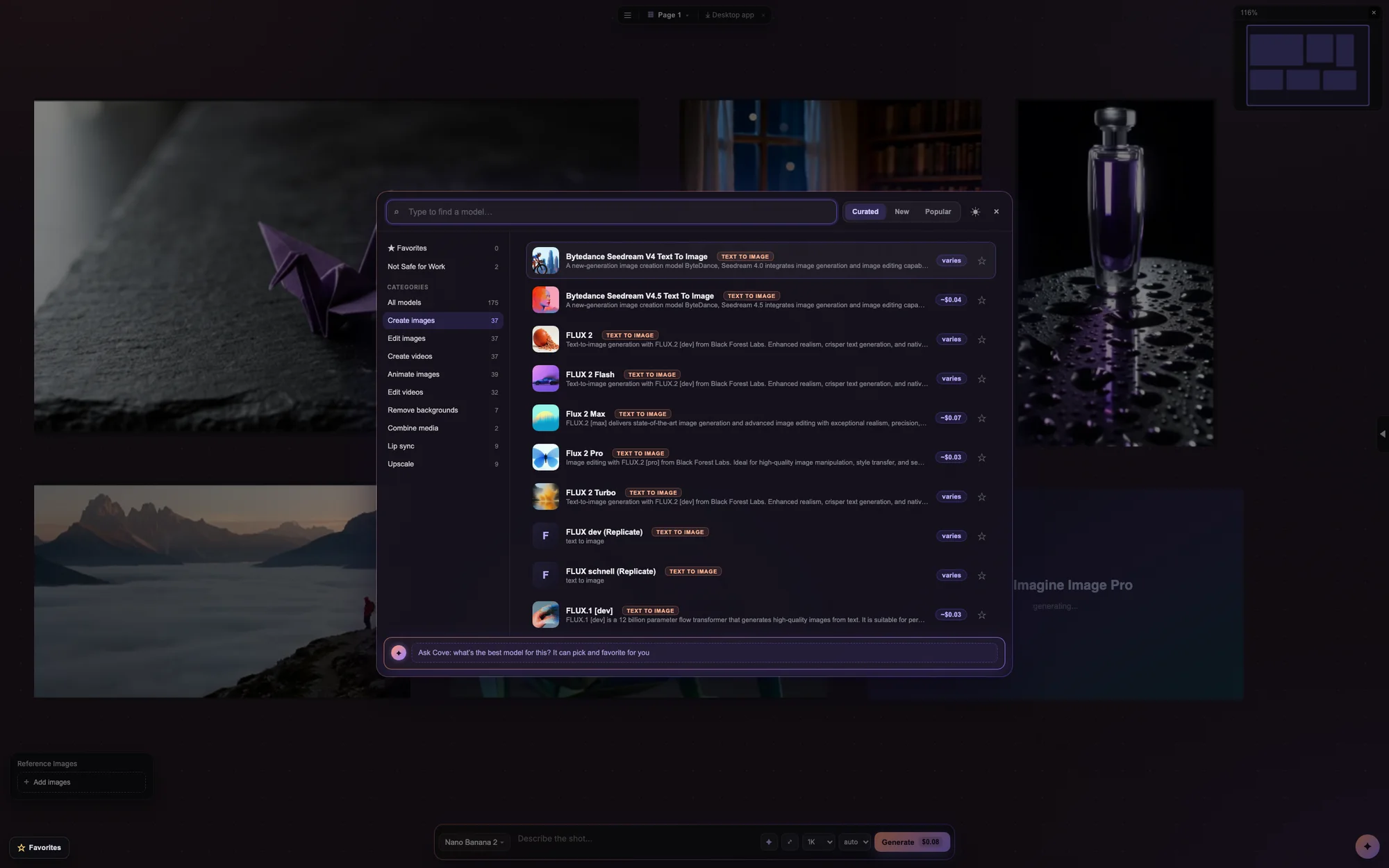 The Coveboard model browser: color-coded model types, live prices, and Ask Cove built into the footer